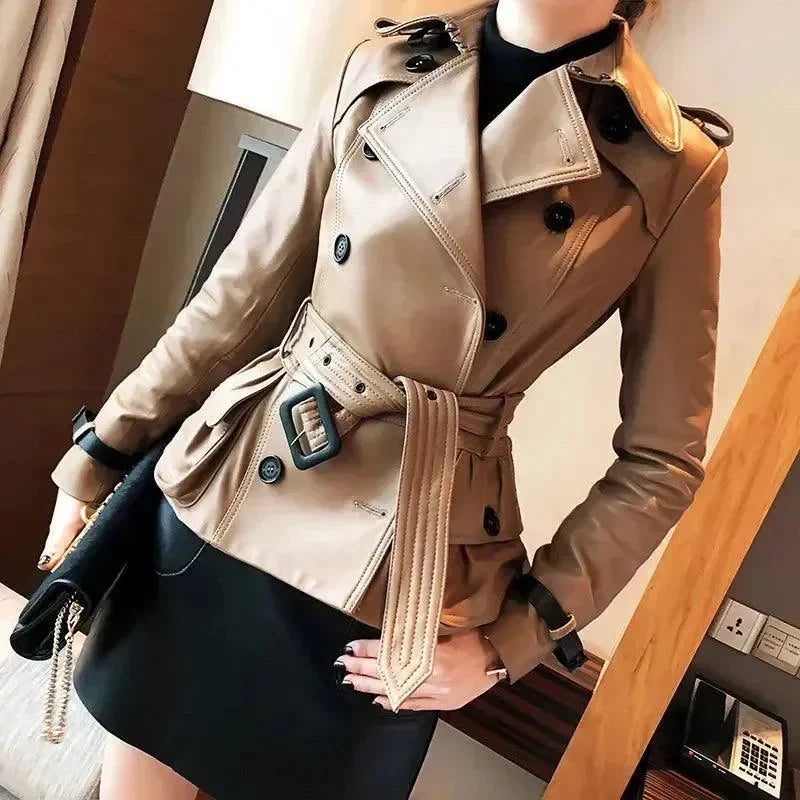 Women's Short Leather Trench Coat Slim Fit Style