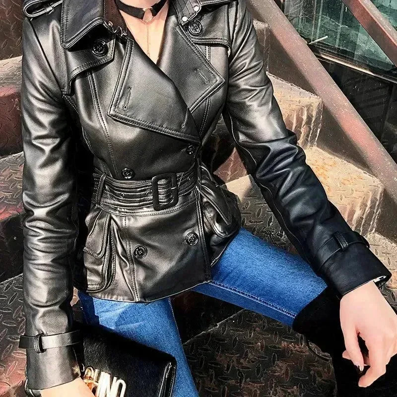 Women's Short Leather Trench Coat Slim Fit Style