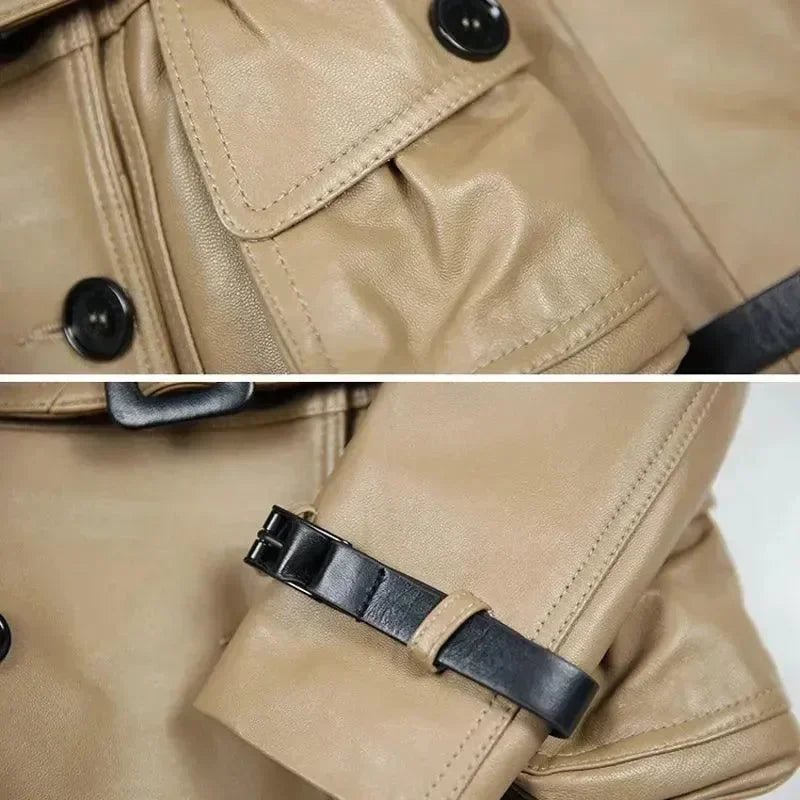 Women's Short Leather Trench Coat Slim Fit Style