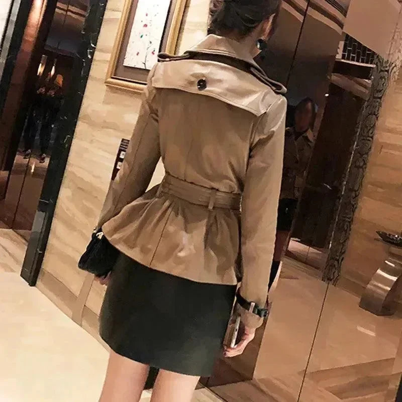 Women's Short Leather Trench Coat Slim Fit Style