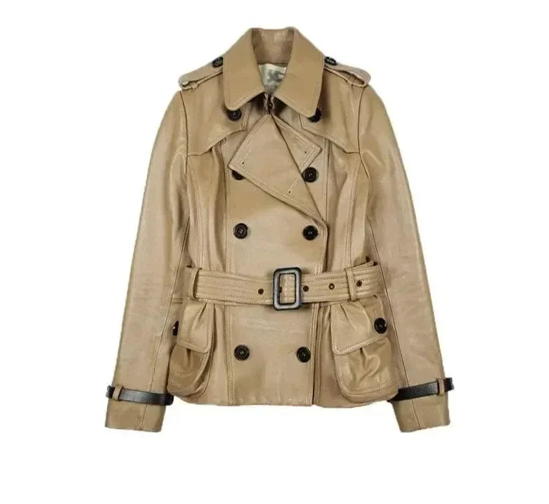 Women's Short Leather Trench Coat Slim Fit Style