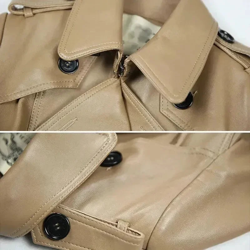 Women's Short Leather Trench Coat Slim Fit Style