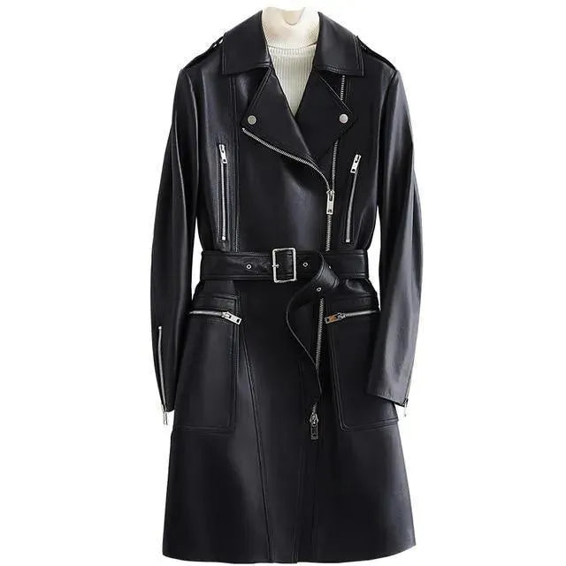 Women's Structured Leather Coat Longline Modern Style
