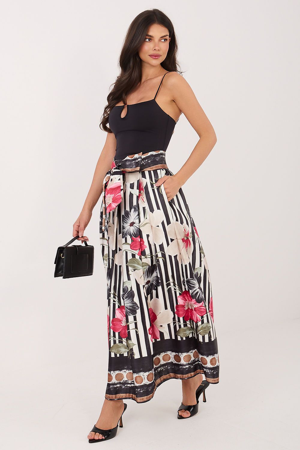 Belted Floral Print Midi Skirt-Women's Skirt-LeStyleParfait