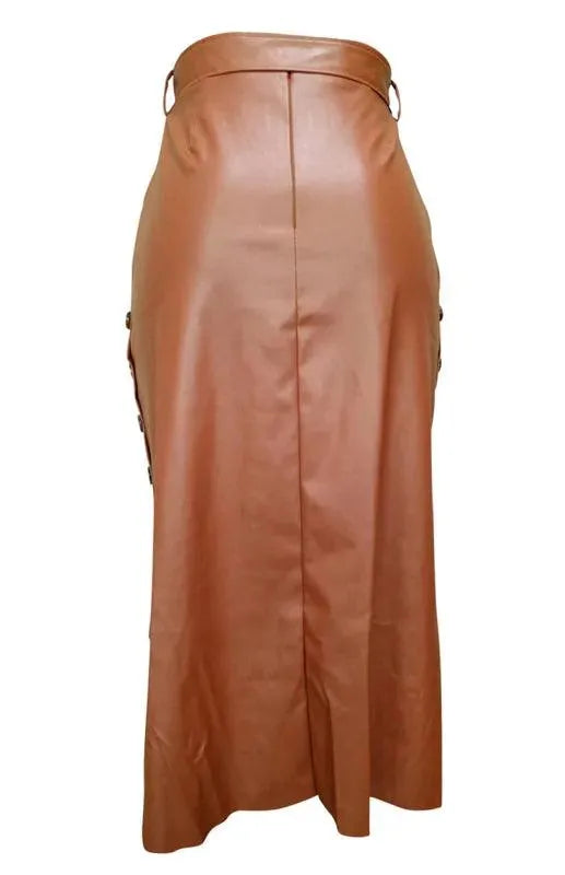 Belted Leather Midi Skirt-Women's Skirt-LeStyleParfait