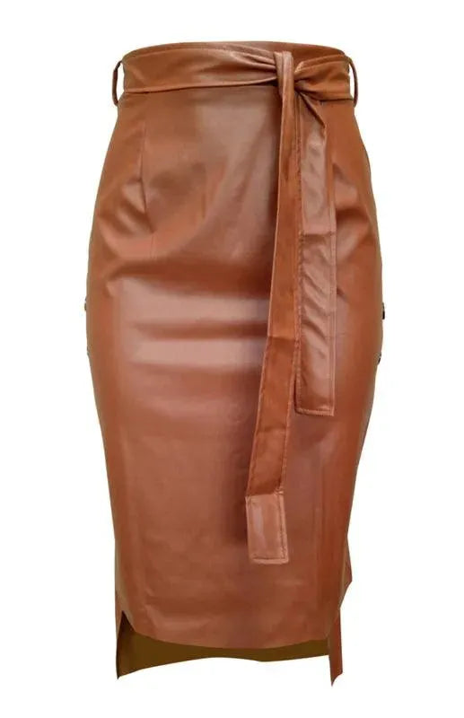 Belted Leather Midi Skirt-Women's Skirt-LeStyleParfait
