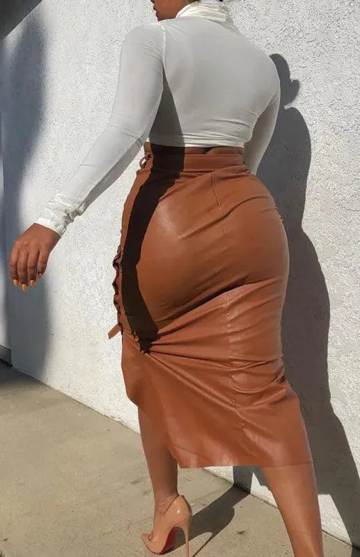 Belted Leather Midi Skirt-Women's Skirt-LeStyleParfait