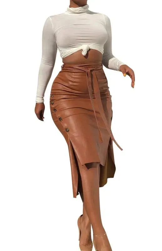 Belted Leather Midi Skirt-Women's Skirt-LeStyleParfait