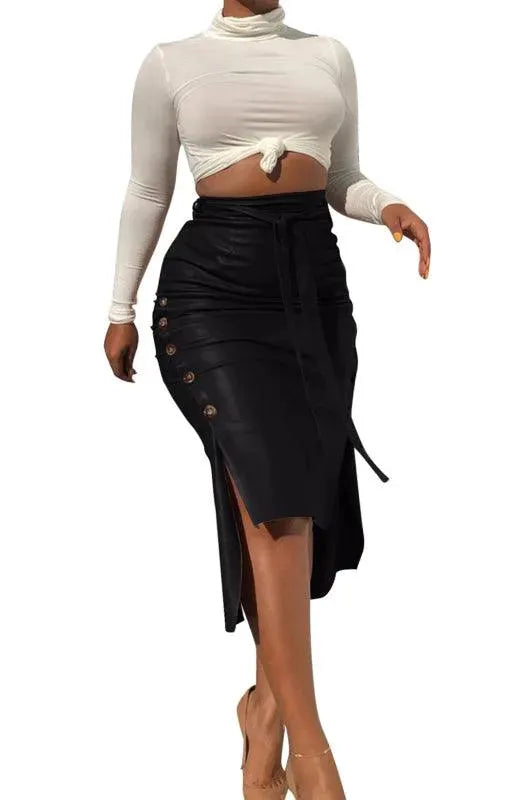 Belted Leather Midi Skirt-Women's Skirt-LeStyleParfait
