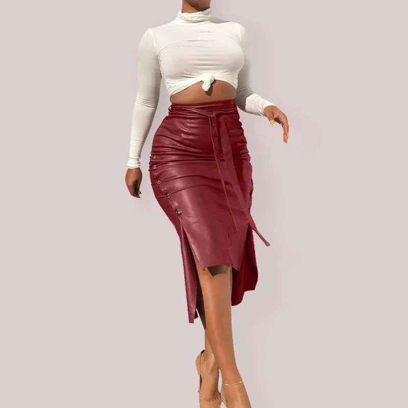 Belted Leather Midi Skirt-Women's Skirt-LeStyleParfait