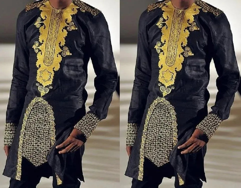 Black African Long Sleeve Shirt-Men Shirts-LeStyleParfait