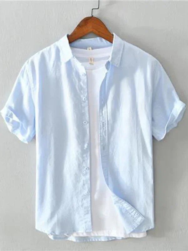 Blue Linen Short Sleeve Shirt-Men Shirts-LeStyleParfait