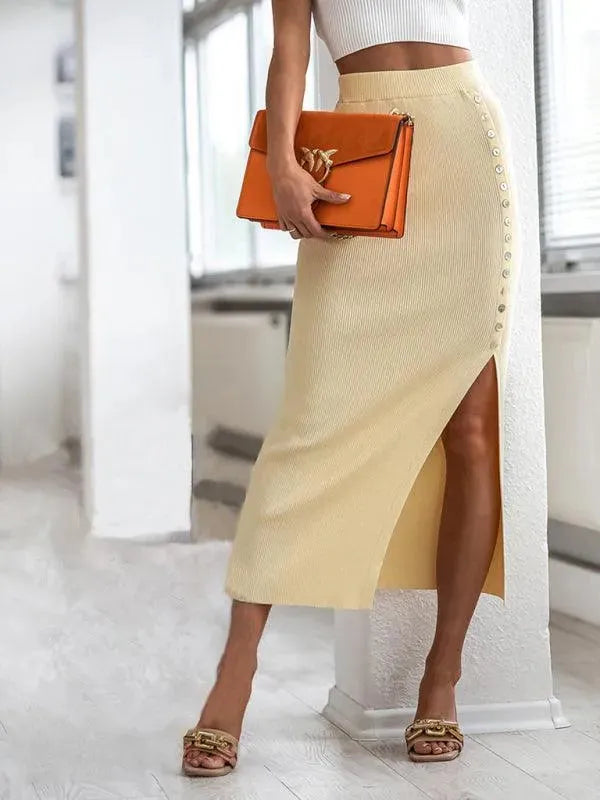 Button Front Pencil Midi Skirt-Women's Skirt-LeStyleParfait