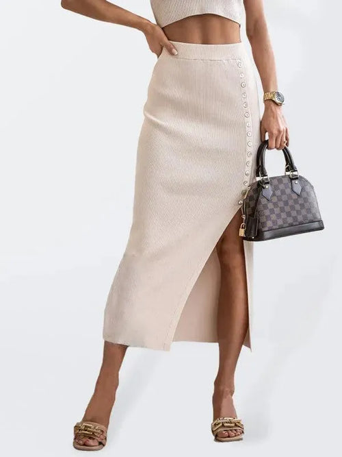 Button Front Pencil Midi Skirt-Women's Skirt-LeStyleParfait