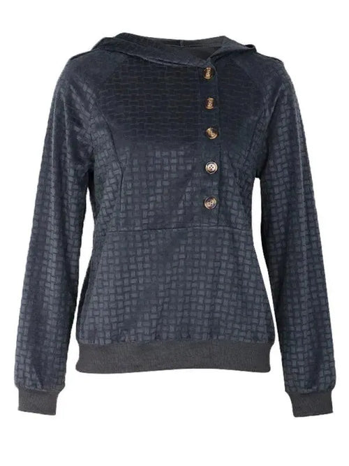 Buttoned Textured Women Hoodie-Women Hoodie-LeStyleParfait