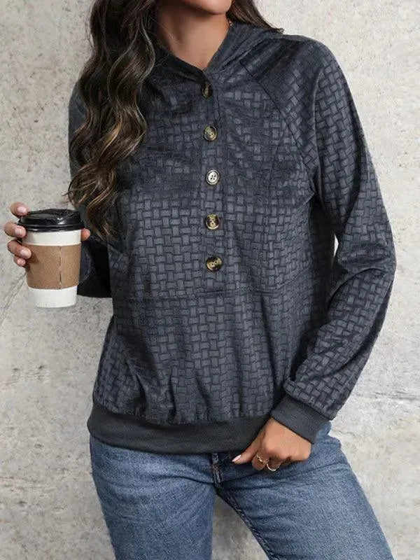 Buttoned Textured Women Hoodie-Women Hoodie-LeStyleParfait