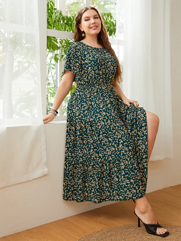 Casual Floral Round Neck Midi Dress