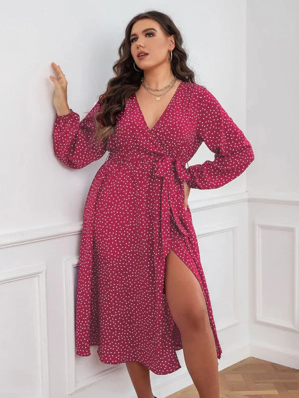 Casual Polka Dot Wrap Midi Dress fashion image