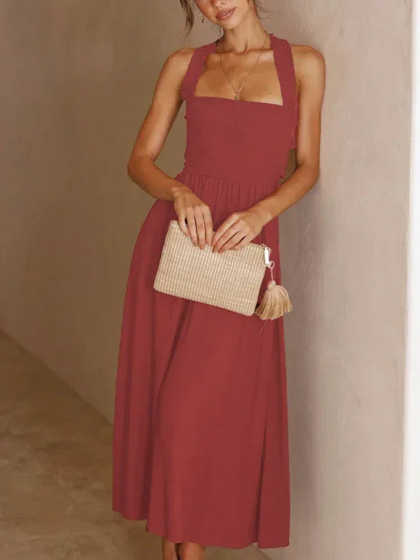 Casual Red Cotton A-Line Midi Dress