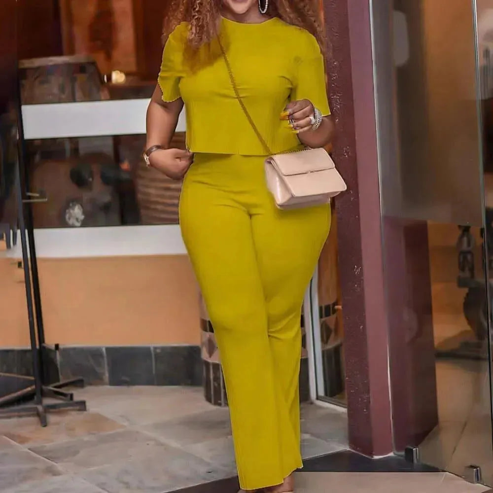 Casual Yellow Cotton Two-Piece Set - Solid Trousers Two-Piece Set - LeStyleParfait