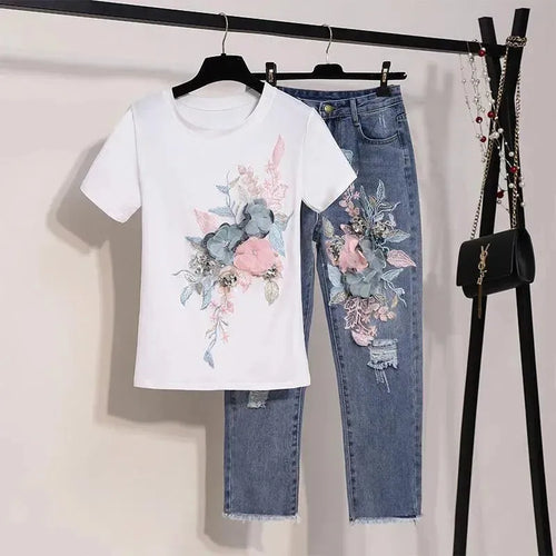 Chic Floral Embroidered Jeans Two-Piece Set - Floral Jeans Two-Piece Set - LeStyleParfait