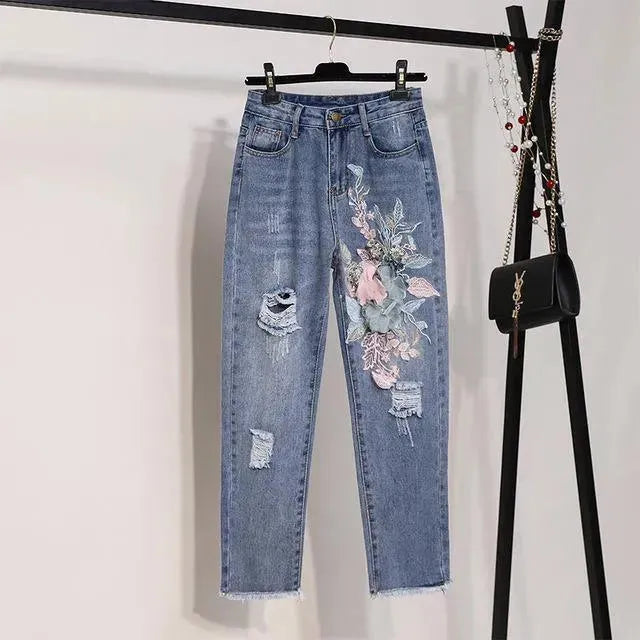 Chic Floral Embroidered Jeans Two-Piece Set - Floral Jeans Two-Piece Set - LeStyleParfait