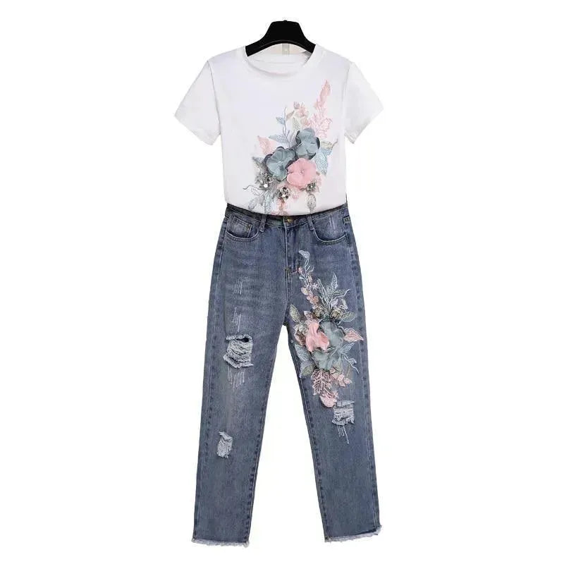 Chic Floral Embroidered Jeans Two-Piece Set - Floral Jeans Two-Piece Set - LeStyleParfait