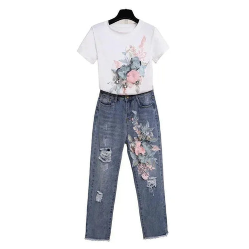 Chic Floral Embroidered Jeans Two-Piece Set - Floral Jeans Two-Piece Set - LeStyleParfait