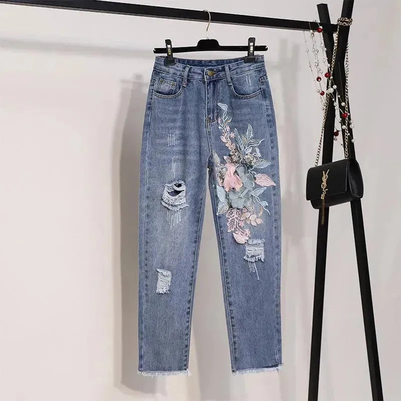Chic Floral Embroidered Jeans Two-Piece Set - Floral Jeans Two-Piece Set - LeStyleParfait