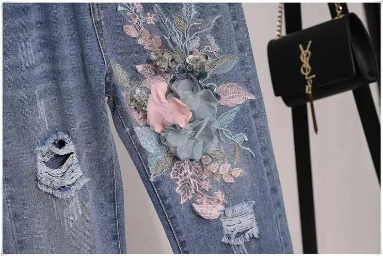 Chic Floral Embroidered Jeans Two-Piece Set - Floral Jeans Two-Piece Set - LeStyleParfait