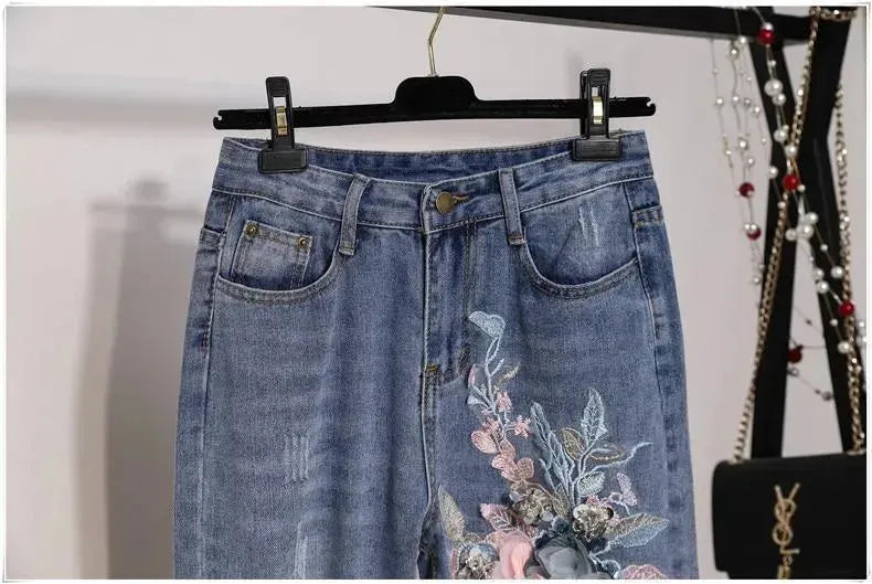 Chic Floral Embroidered Jeans Two-Piece Set - Floral Jeans Two-Piece Set - LeStyleParfait