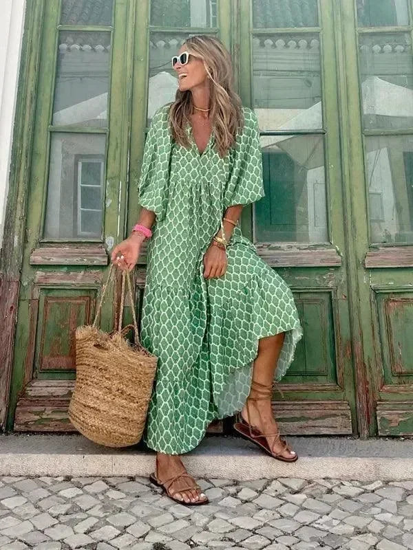 Chic Geometric Cotton Tiered Maxi Dress