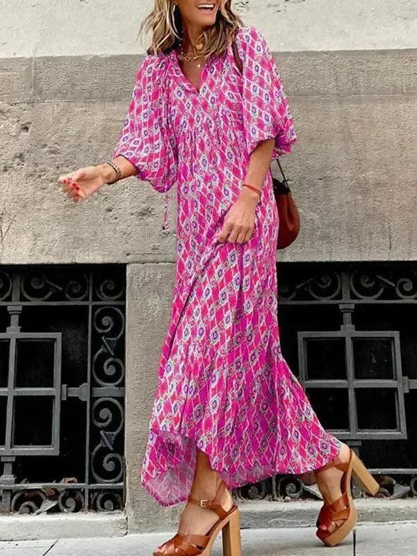 Chic Geometric Cotton Tiered Maxi Dress