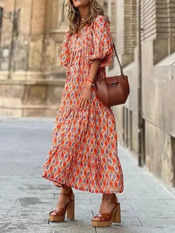 Chic Geometric Cotton Tiered Maxi Dress