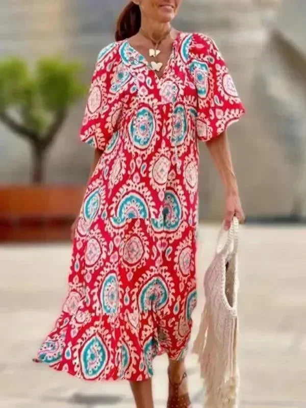 Chic Geometric Cotton Tiered Maxi Dress