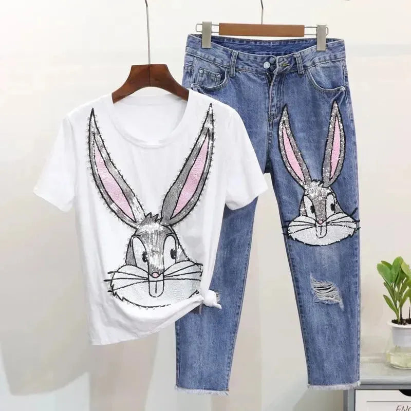 Chic Graphic Denim Two-Piece Set Outfit - Graphic Denim Two-Piece Set - LeStyleParfait