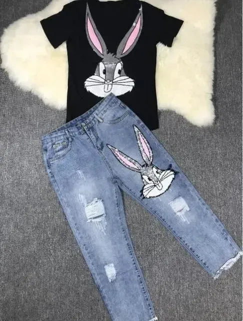 Chic Graphic Denim Two-Piece Set Outfit - Graphic Denim Two-Piece Set - LeStyleParfait