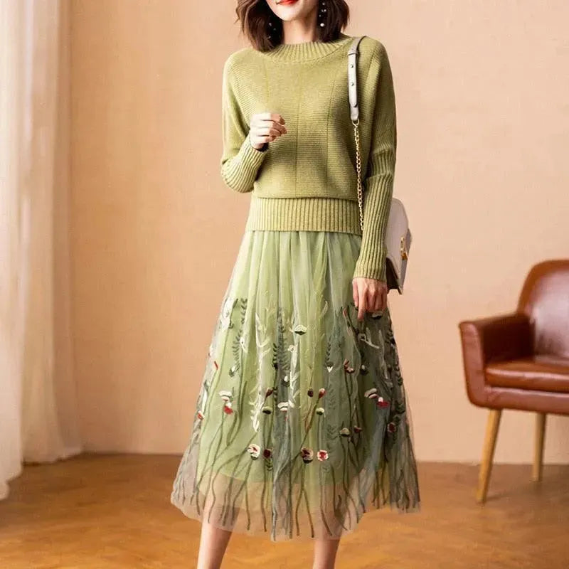 Chic Green Floral Two-Piece Skirt Set - Floral Skirt Set - LeStyleParfait