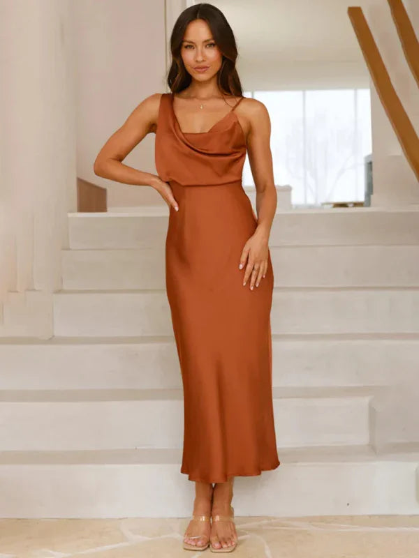 Chic Satin Cowl Neck Midi Dress