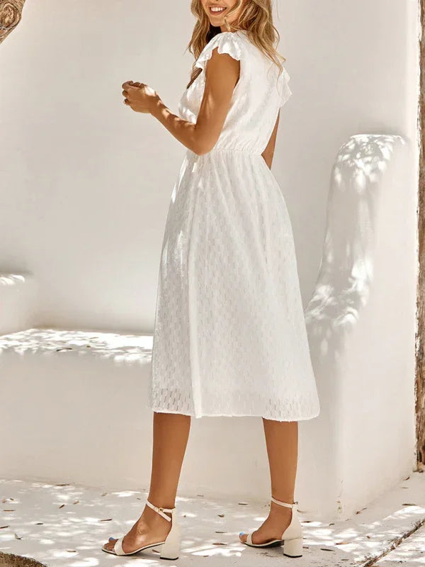 Chic White Cotton V-Neck Midi Dress