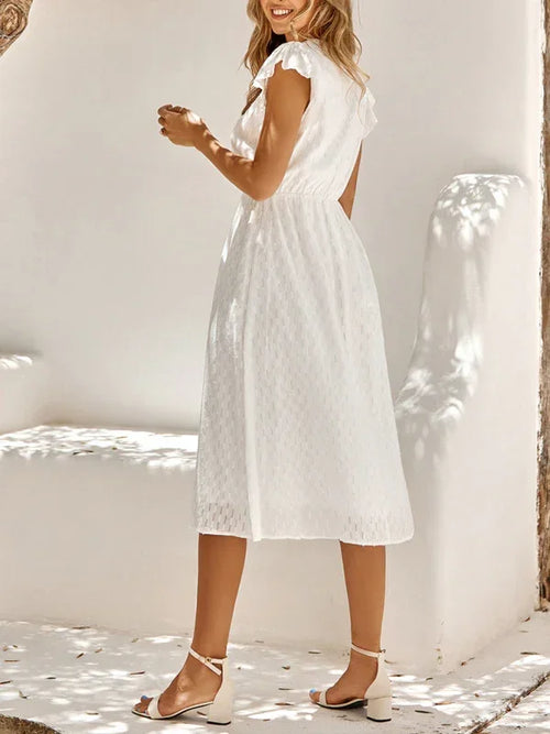 Chic White Cotton V-Neck Midi Dress