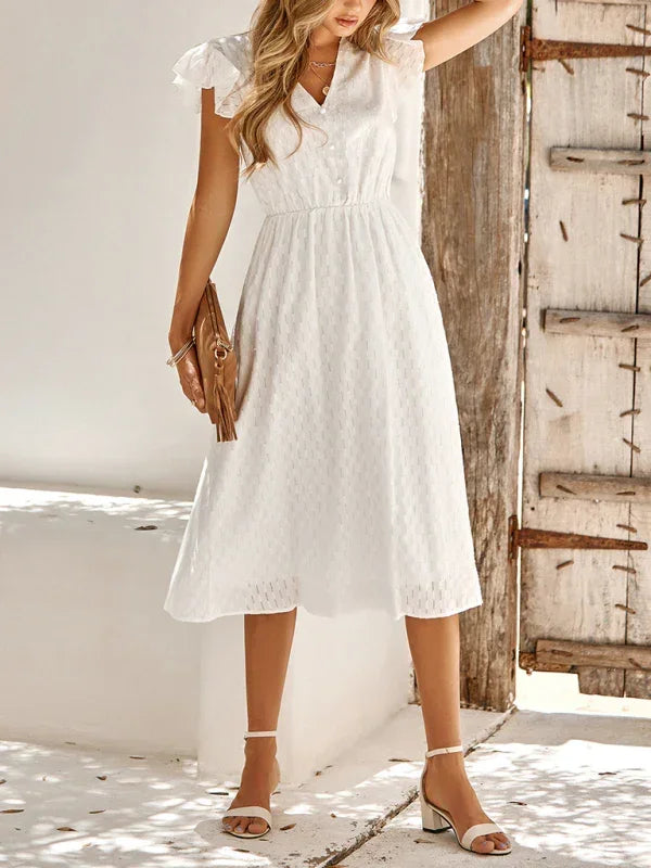 Chic White Cotton V-Neck Midi Dress