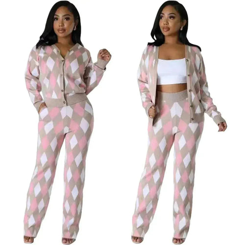 Chic Women Knit Two-Piece Geometric Pants Set - Geometric Pants Set - LeStyleParfait
