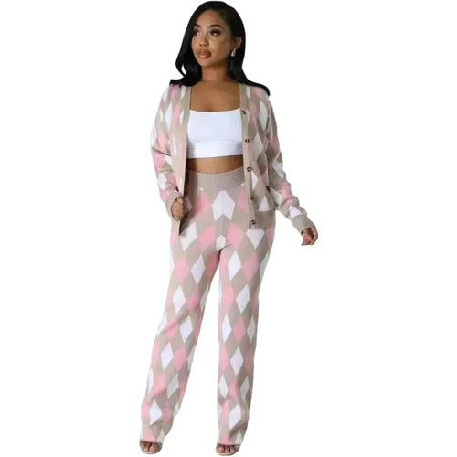 Chic Women Knit Two-Piece Geometric Pants Set - Geometric Pants Set - LeStyleParfait