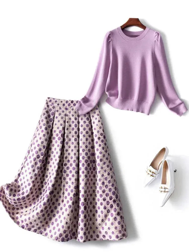Chic Women Polka Dot Knit Two-Piece Skirt Set - Polka Dot Skirt Set - LeStyleParfait