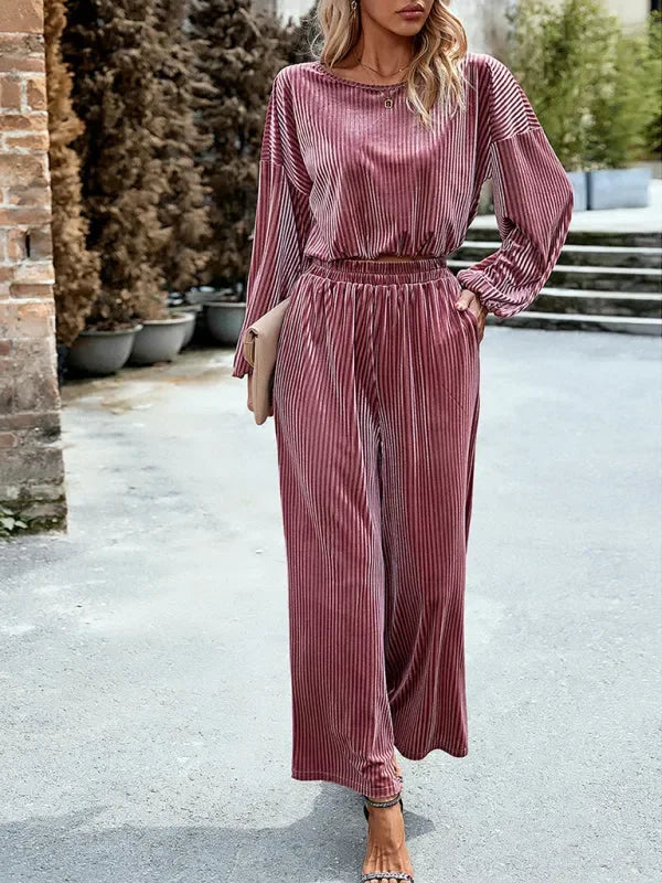 Chic Women Striped Wide-Leg Two-Piece Set - Striped Wide-Leg Set - LeStyleParfait