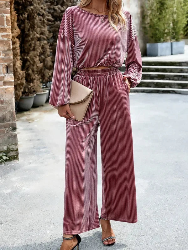 Chic Women Striped Wide-Leg Two-Piece Set - Striped Wide-Leg Set - LeStyleParfait