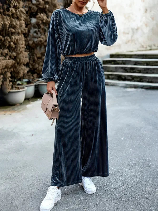 Chic Women Striped Wide-Leg Two-Piece Set - Striped Wide-Leg Set - LeStyleParfait