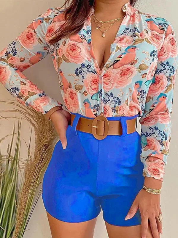 Chic Women Tropical Tailored Two-Piece Set V-neck Long Sleeve Satin Summer Vacation | LeStyleParfait