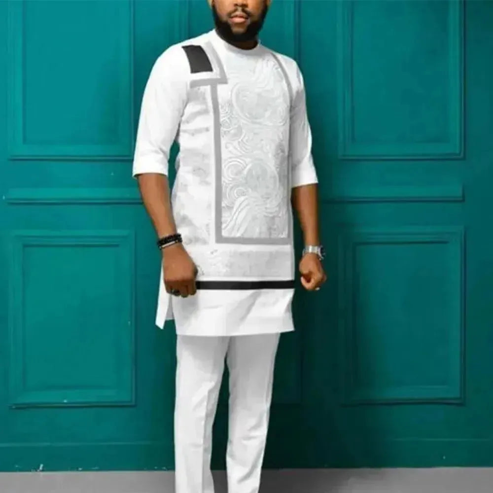 Classic Embroidered Relaxed African Outfit Set - Solid Pants Two-Piece Set - LeStyleParfait